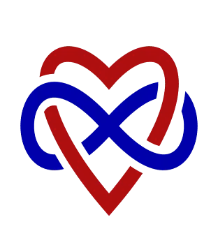Sigle polyamour symbole infini bleu ancré dans cœur rouge