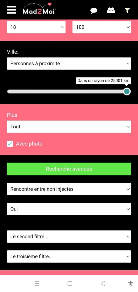 Nouveauté mad2moi avec les critères de sélections directement sur mobile