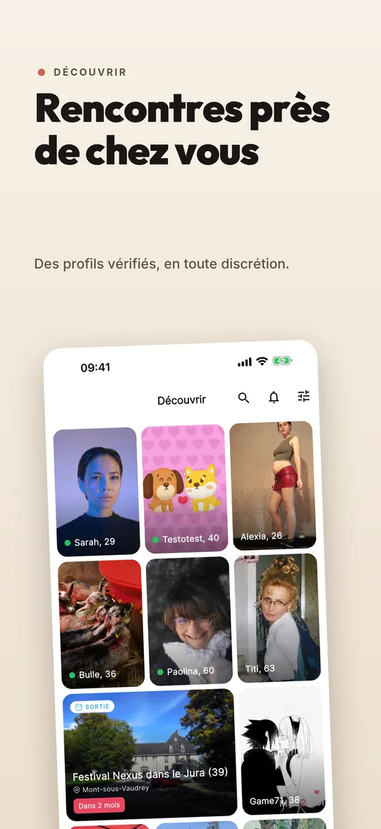 Écran Découvrir de l'application Mad2Moi