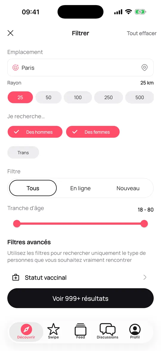 Écran Filtres de l'application Mad2Moi