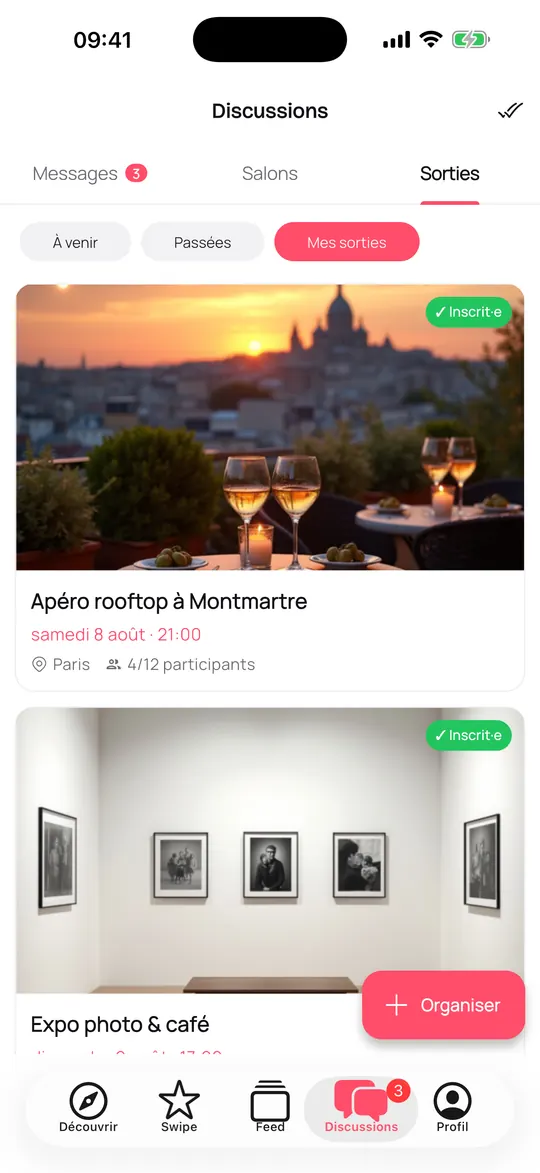 Écran Sorties de l'application Mad2Moi