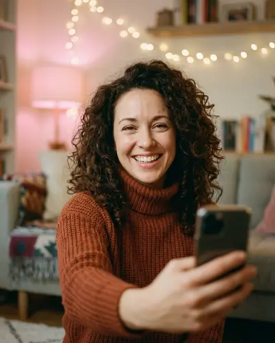 Une femme souriante se filme avec son téléphone dans un salon chaleureux