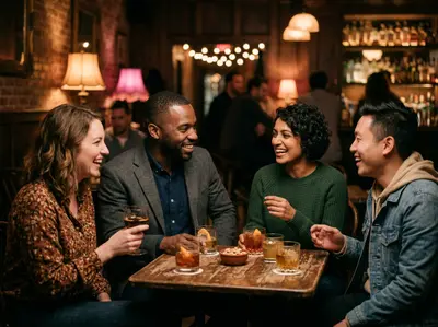 Quatre amis discutent et rient autour d’une table de bar