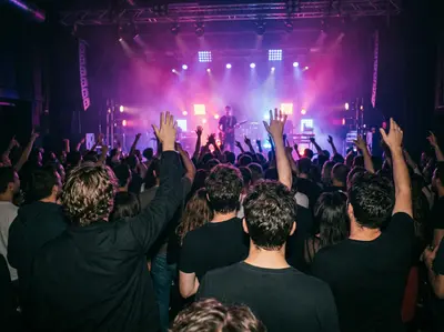Un public lève les bras devant une scène de concert éclairée en rose