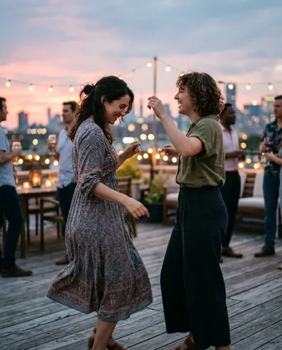 Deux amies dansent sur un toit-terrasse au coucher du soleil